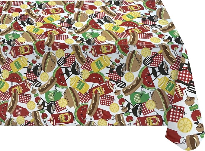 Newbridge Summer Memories Vinyl Tablecloth, 60 Inch x 84 Inch Oval | Retro Barbeque Print, Flannel Backing, Kitschy Nostalgic BBQ Print, Easy Care Indoor Outdoor Table Cover