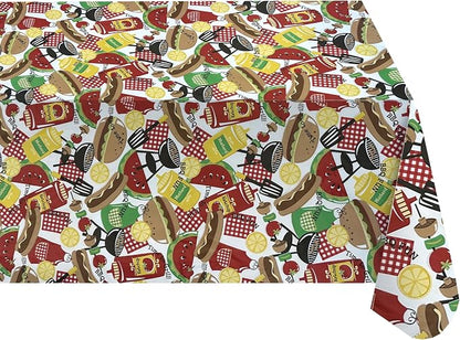Newbridge Summer Memories Vinyl Tablecloth, 60 Inch x 84 Inch Oval | Retro Barbeque Print, Flannel Backing, Kitschy Nostalgic BBQ Print, Easy Care Indoor Outdoor Table Cover