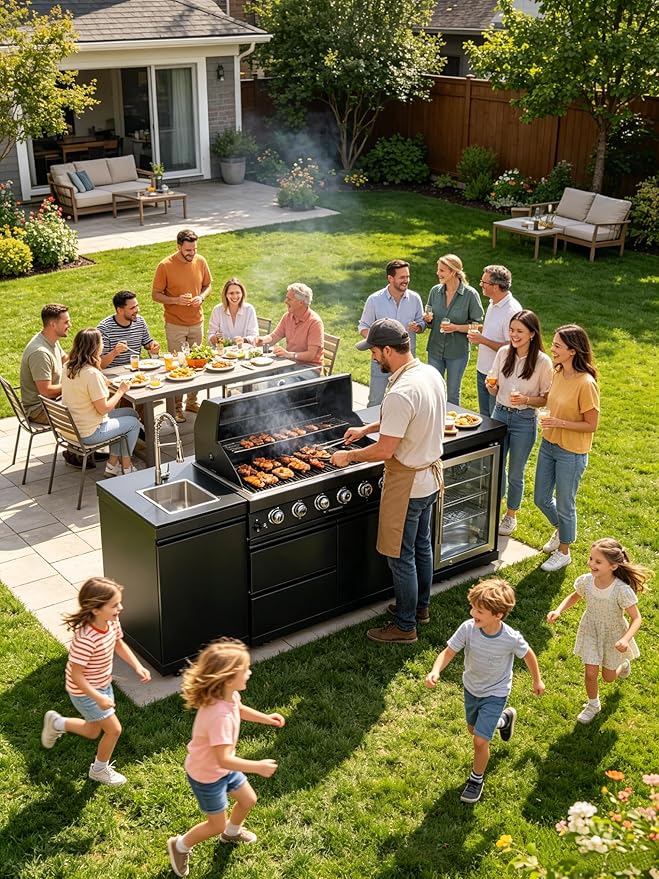 82" Outdoor Kitchen Island with 6 Burner Grill, Sink & Beverage Fridge, 85,000 BTU BBQ Grill Station for Backyard Entertaining, 304 Stainless Steel Patio Cooking Island,Black