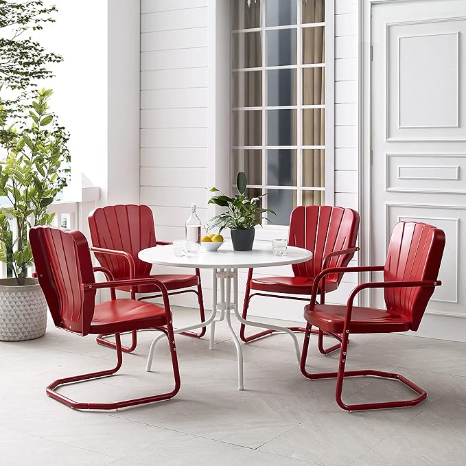 Crosley Furniture Ridgeland 5-Piece Outdoor Dining Set for 4, Retro Metal Round Patio Table and Chairs, Bright Red Gloss