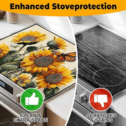 Stove Top Cover Retro Flower Gas Stove Top Cover for Home Decoration Kitchen Pad Non-Stick Washable Cooktop Covers Countertop Protector Keep Stove Clean 28"x20" (sunflower-1)