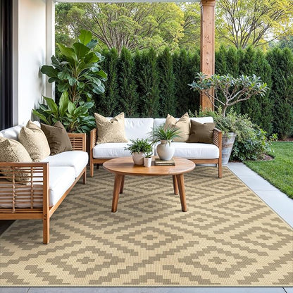 GENIMO Outdoor Rug, Waterproof Plastic Rugs for Patio, 6'x9' Oat Beige | Outside Larger Modern Carpet Mat for Porch Decor, Deck, Balcony, Camping, RV, Backyard, Picnic, Beach, Reversible, Foldable