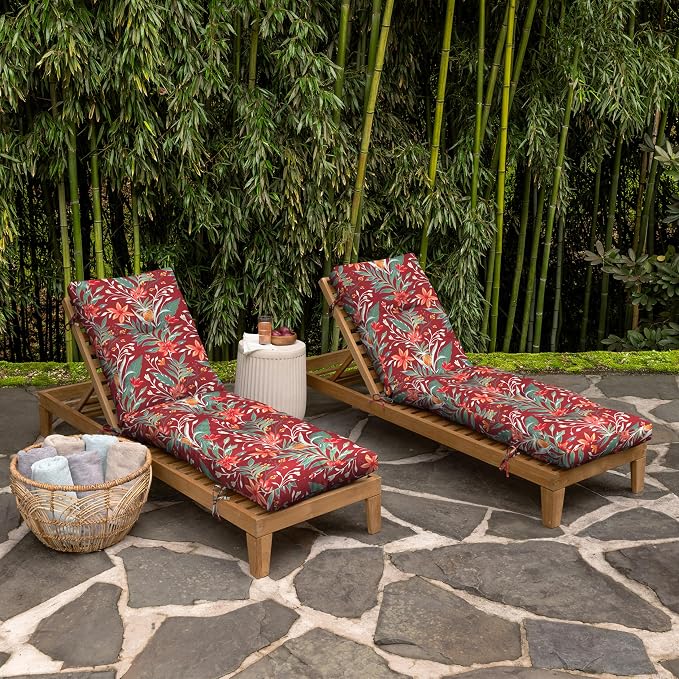 Arden Outdoor Tufted Chaise Cushion, earthFIBER, 22x76, Red Tropical Floral | Plush Comfort, Modern Tuft, Lounge Cushion, Rain-Proof, Fade Resistant, Cushion for Chaise Lounger, Mold and Mildew Resistant