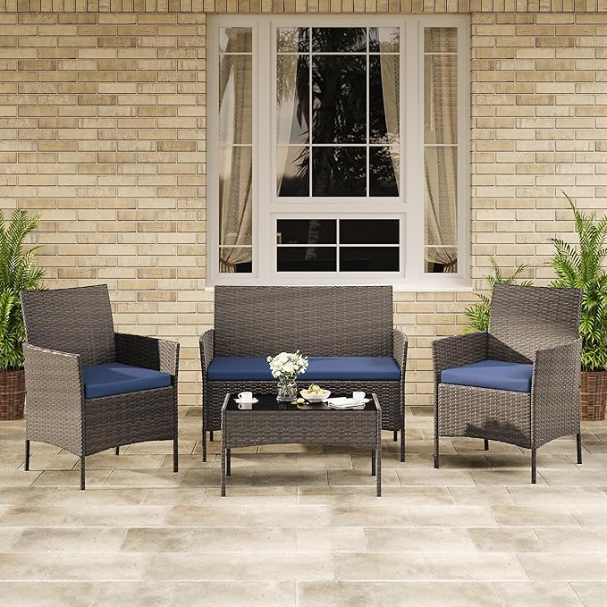 4-Piece Outdoor Furniture Set, PE Rattan Wicker Chairs with Soft Cushions & Tempered Glass Coffee Table - All-Weather Patio Set for Garden, Backyard, Porch, Poolside (Brown/Dark Blue)