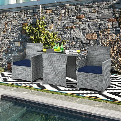 RELAX4LIFE 3-Piece Outdoor Furniture Set - All-Weather Wicker Rattan Patio Dining Set w/Tempered Glass Coffee Table & Cushions, Modern Bistro Conversation Set for Yard Balcony (Navy)