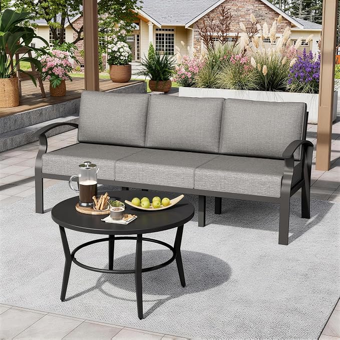 ALAULM Aluminum 3-Seat Patio Furniture Set, Metal Outdoor Furniture Sectional Sofas w/5.1" Cushions for Patio, Backyard, Poolside-Grey
