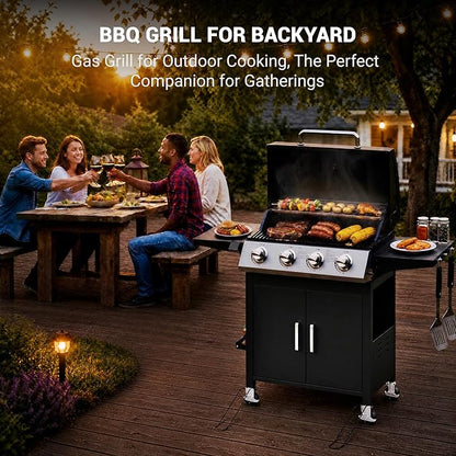 HUGROVE 4 Burner Propane Gas BBQ Grill with Wheels, 40,000 BTU Output Stainless Steel Barbecue Grill for Backyard & Outdoor Cooking Easy to Assemble, Foldable Side Tables & Spice Rack (Black)