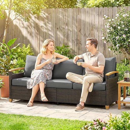 Outsunny 3 Seater Outdoor Couch Sofa, PE Wicker Patio Couch with Wide Deep Seating, 4" Foam Cushions, Wood-Effect Armrests and Legs, Patio Sofa Furniture for Garden, Backyard, Porch, Gray