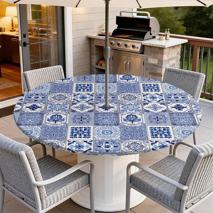 Outdoor Tablecloth with Umbrella Hole and Zipper Fits 32-36" Tables | Waterproof Round Fitted Tablecloth with Elastic Edge, Wipeable Outdoor Table Cover for Patio, Garden, Picnic