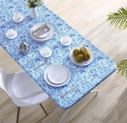 Brielle Home Easy Care Picnic Tablecloth Printed Indoor Outdoor Elastic Cotton Fabric Fitted Dining Table Cover, 30"x72" Rectangle, Blue Mosaic