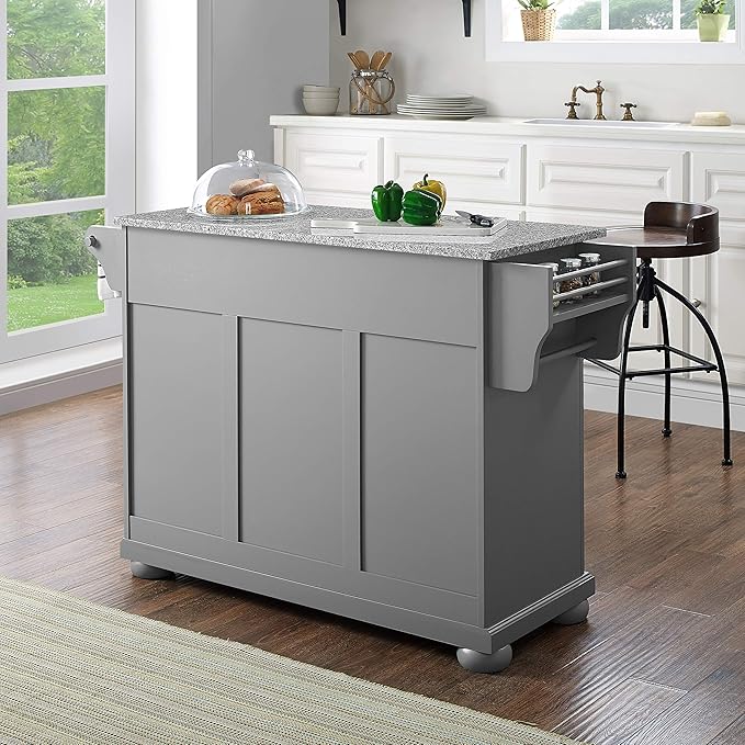 Crosley Furniture Full Size Granite Top Rolling Kitchen Island Storage Cart, Microwave Stand, Spice Rack, Gray