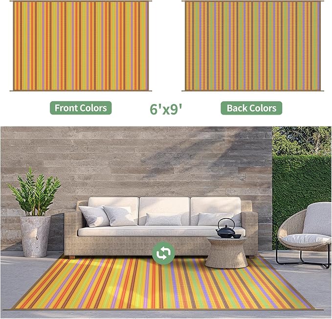 GENIMO Outdoor Rug, Waterproof Plastic Rugs for Patio, 6'x9' Rainbow | Outside Larger Modern Carpet Mat for Porch Decor, Deck, Balcony, Camping, RV, Backyard, Picnic, Beach, Reversible, Foldable