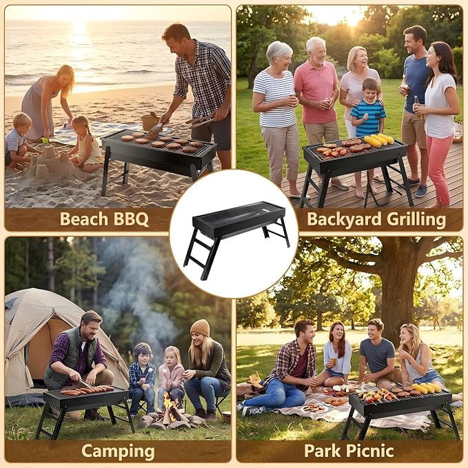 Portable Charcoal Grill, Portable Tabletop BBQ for Outdoor Cooking | Compact Folding Grill for Camping, Hiking, Picnics & Travel | 24”x13”x9” Lightweight Smoky Flavor Grill
