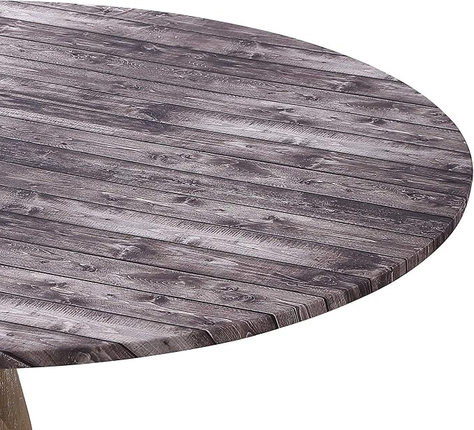 Brielle Home Easy Care Picnic Tablecloth Wood Printed Indoor Outdoor Elastic Cotton Fabric Fitted Dining Table Cover, 42" Round, Distressed Wood