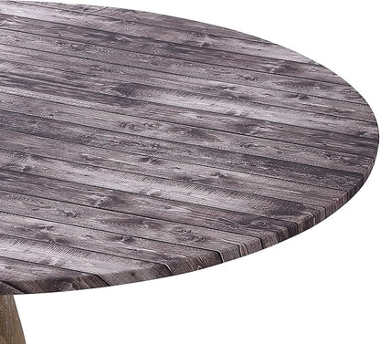 Brielle Home Easy Care Picnic Tablecloth Wood Printed Indoor Outdoor Elastic Cotton Fabric Fitted Dining Table Cover, 42" Round, Distressed Wood