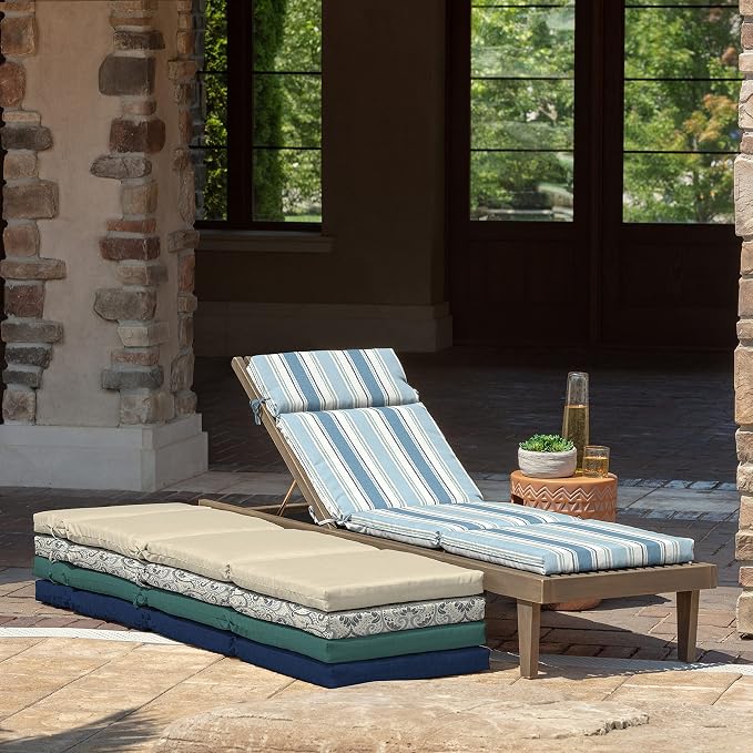 Arden Outdoor Chaise Cushion, 21 in x 72 in, Weather-Proof, Rain-Proof, Fade Resistant Patio Cushion for Chaise Lounger French Blue Linen Stripe | Lounge Cushion, Weather-Proof, Rain-Proof, Fade Resistant for Chaise Lounger, Mold and Mildew Resistant