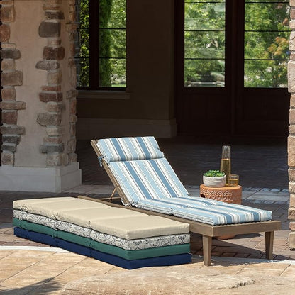 Arden Outdoor Chaise Cushion, 21 in x 72 in, Weather-Proof, Rain-Proof, Fade Resistant Patio Cushion for Chaise Lounger French Blue Linen Stripe | Lounge Cushion, Weather-Proof, Rain-Proof, Fade Resistant for Chaise Lounger, Mold and Mildew Resistant