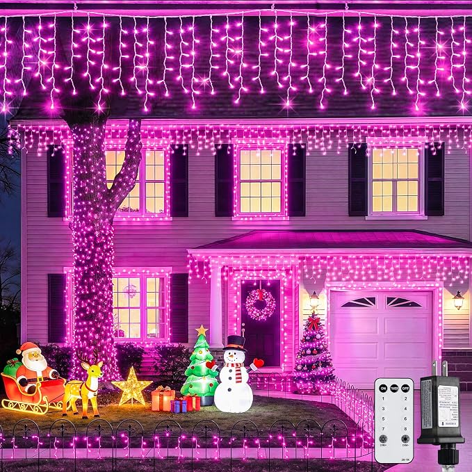 JMEXSUSS 400 LED Pink Christmas Icicle Lights | Connectable Pink Christmas Lights Indoor Outdoor with Remote, Icicle String Light for Room Fireplace Garden Eave Decorations