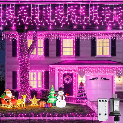 JMEXSUSS 400 LED Pink Christmas Icicle Lights | Connectable Pink Christmas Lights Indoor Outdoor with Remote, Icicle String Light for Room Fireplace Garden Eave Decorations