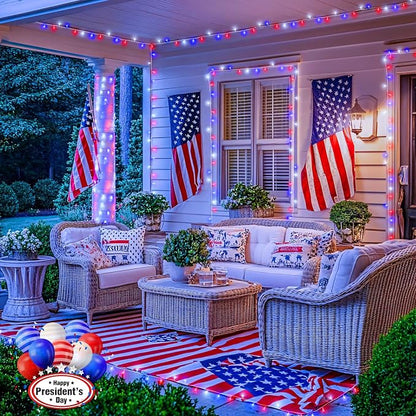 JMEXSUSS 2 Pack Red White and Blue Lights Outdoor, Each 33ft 100 LED | 4th of July Lights Battery Operated, 8 Modes Patriotic Decorations for Indoor outside Independence Day American Flag Holiday