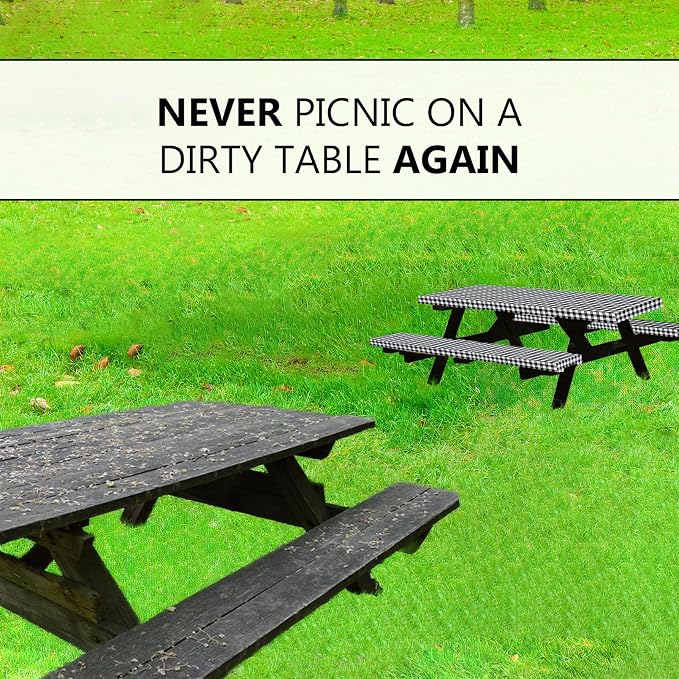 LINPRO 6ft Picnic Table Cover with Bench Covers Vinyl Fitted Picnic Table Covers with Elastic Camping Essentials and picnic tablecloth and RV Accessories with bag