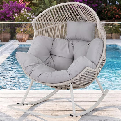 Shintenchi Rocking Egg Chair Outdoor with Cushion,Oversized Lounge Chairs | Rocking Chair 2 Pack,Light Gray,PE Rattan,Egg Seat for Indoor Outdoor Living Room Bedroom Outside Patio Backyard Balcony