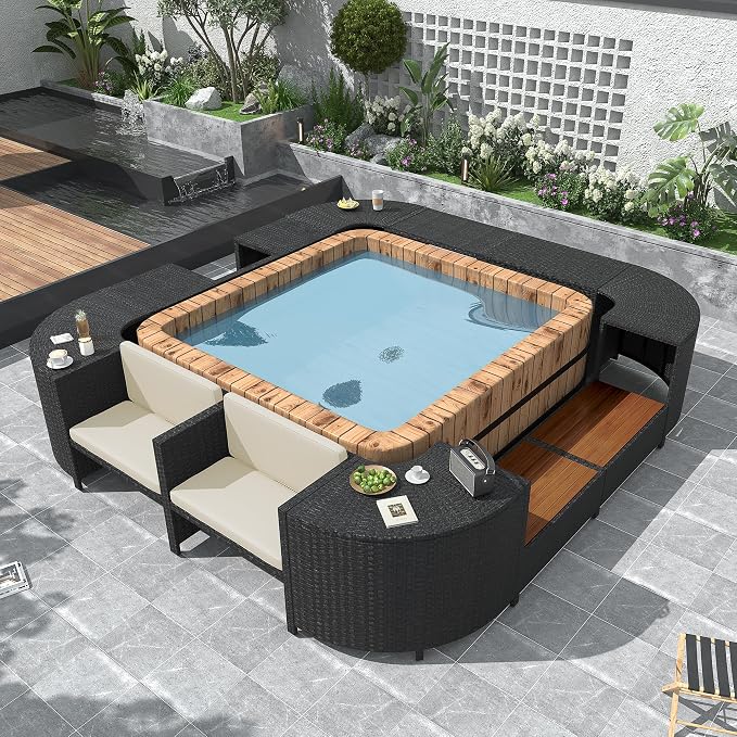 Merax Patio Furniture Set with Mini Sofa, Wooden Seats and Storage Spaces, Outdoor Conversation Sets for Patio, Lawn, Garden