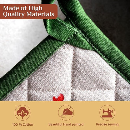 Maison d' Hermine 100% Cotton Oven Mitt & Pot Holder Set (7.5"x13" & 8"x8") Heat Resistant BBQ Cooking Gloves with Loop Baking Grilling Kitchen Hotel Home Farmhouse Spring Summer (Basse Cour)