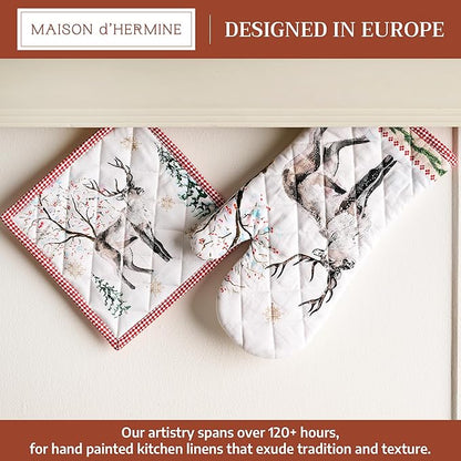 Maison d' Hermine 100% Cotton Oven Mitt & Pot Holder Set (7.5"x13" & 8"x8") Heat Resistant BBQ Cooking Gloves with Loop for Thanksgiving Christmas Decorations Handling Hot Pans (Rural Christmas)