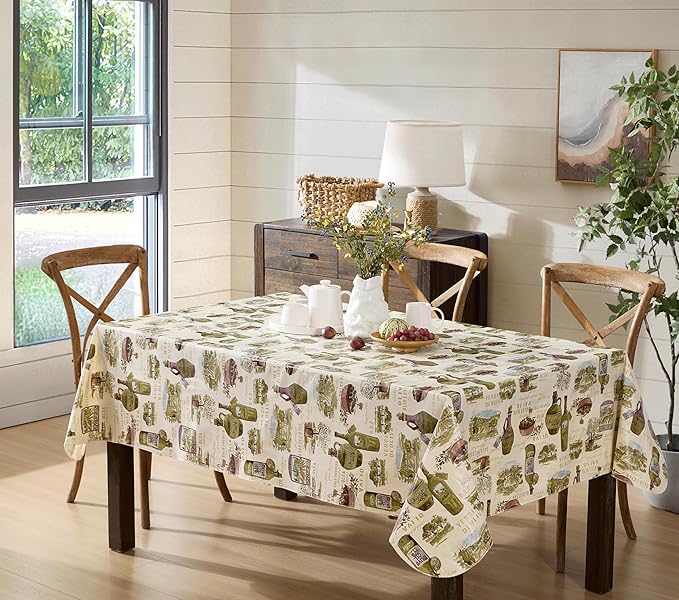 Newbridge 60 x 120 Inch Rectangle Vinyl Tablecloth with Flannel Backing, Lucca Olive Oil Print, Indoor Outdoor Waterproof Table Cover, Picnic, Barbeque, Patio and Kitchen Dining, Tuscan Countryside