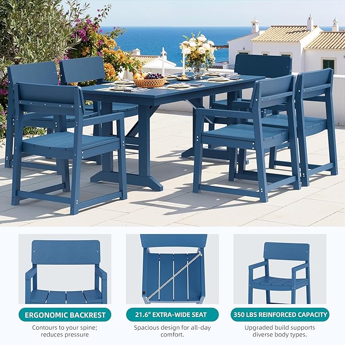 Shintenchi 7 Pieces Outdoor Dining Set,HDPE Outdoor Table and Chairs Set for 6,All Weather Patio Furniture Sets with Umbrella Hole,Modern Wooden Textured Dining Sets for Backyard,Garden,Blue