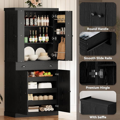 IRONCK Kitchen Pantry Cabinet 72" Height, Freestanding Cupboard with Drawer, Sliding Storage Rack, and 6 Hanging Shelves for Dining Room, Laundry, Living Room, Black