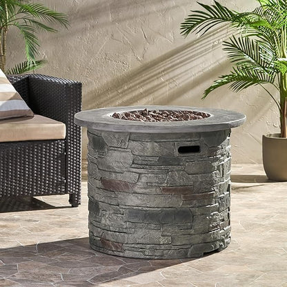 31'' Propane Fire Pit Table Hidden Tank Inside, 40,000 BTU Outdoor Round Gas Firepit with Auto-Ignition, Lava Rock for Patio Deck, Imitation Stone Concrete, CSA Certified, Gray