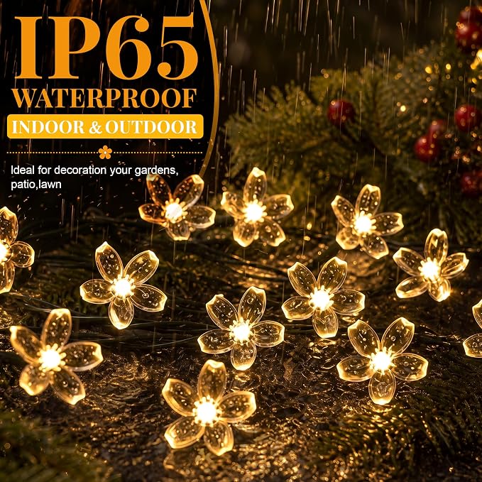 2 Pack 100 LED Solar Flower String Lights, Outdoor Waterproof,Warm White | Total 33FT Fairy Light, Cherry Blossom Christmas Lights for Garden Yard Fence Patio Christmas Tree Wedding Party Decoration
