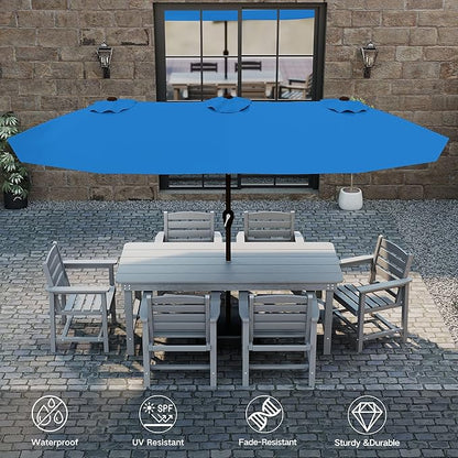 Kingdura 15ft Large Patio Umbrella with Solar Lights, Double-Sided Rectangle Outdoor Table Umbrella with Base Included, 12 Reinforced Ribs, 48 Led Lights, Crank Lift for Market Pool Deck, Royal blue