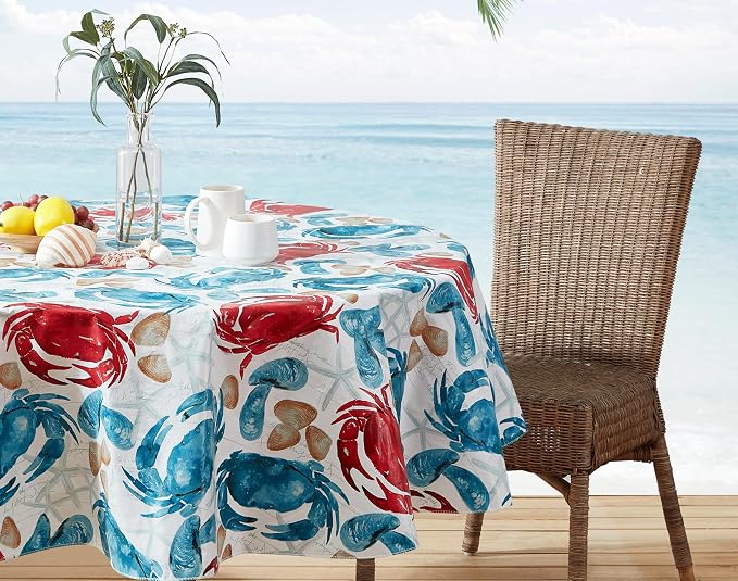 Newbridge Stone Crab Summer Vinyl Flannel Backed Tablecloth, 70 Inch Round, Coastal Crab Print, Waterproof Indoor Outdoor Table Cover, Beach House Nautical Seafood Boil Patio Dining