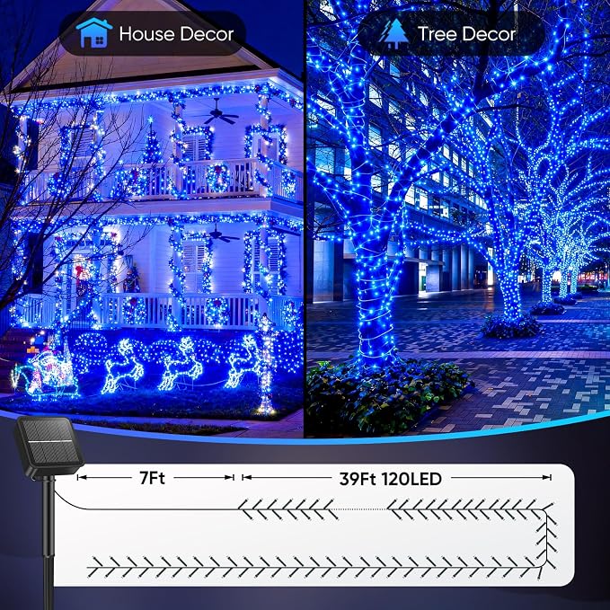 Solar String Lights for Outside, 2-Pack Total 92FT 240 LED Solar Powered Fairy Lights IP65 Waterproof, Outdoor String Light for Patio, Yard, Tree, Balcony, Garden Decorations, Blue
