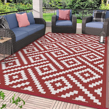 GENIMO Outdoor Rug, Waterproof Plastic Rugs for Patio, 6'x9' Red White | Outside Larger Modern Carpet Mat for Porch Decor, Deck, Balcony, Camping, RV, Backyard, Picnic, Beach, Reversible, Foldable