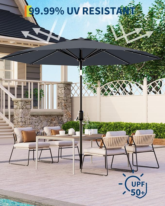 GarveeLife 10 ft Patio Umbrella with Solar Lights, 8 Ribs Outdoor Market Table Umbrella with 40 LED Lights & Tilt Crank for Pool, Deck, Backyard (Grey)