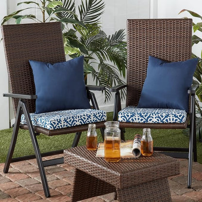 Outdoor 18 inch Square Patio Dining Chair Pads – Comfortable Fiber-Filled Seat Cushions with Ties, Reversible Polyester Fabric - Indigo Blue Lattice, Set of 2
