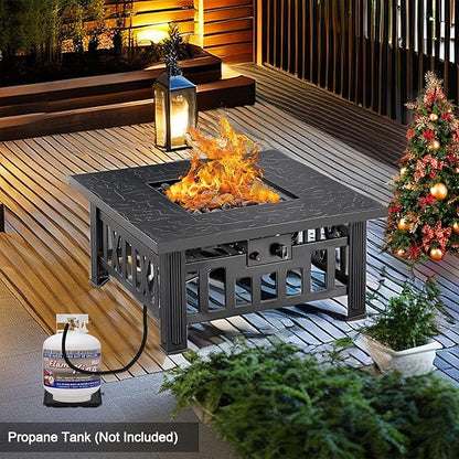 VECELO Propane Fire Pit, 30 Inch Outdoor Gas Fire Table, 50,000 BTU Square Firepit with Lid and Lava Rock, Adjustable Flame Steel Fire Table for Outdoor, Patio, Backyard, Party, Black