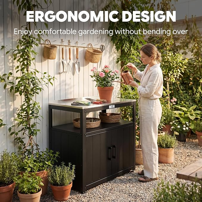 Feasto Metal Outdoor Potting Bench with Storage Cabinet for Garden Work | Durable Metal Cabinet & Stainless Steel Top, Open Middle Shelf, Raised Edge & Adjustable Feet, for Patio, Lawn & Greenhouse