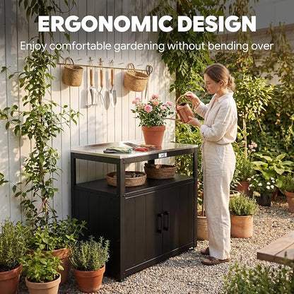 Feasto Metal Outdoor Potting Bench with Storage Cabinet for Garden Work | Durable Metal Cabinet & Stainless Steel Top, Open Middle Shelf, Raised Edge & Adjustable Feet, for Patio, Lawn & Greenhouse