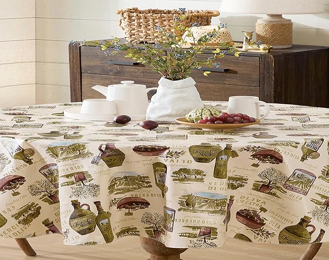 Newbridge 60 x 84 Inch Oval Vinyl Tablecloth with Flannel Backing, Lucca Olive Oil Print, Indoor Outdoor Waterproof Table Cover, Picnic, Barbeque, Patio and Kitchen Dining, Tuscan Countryside