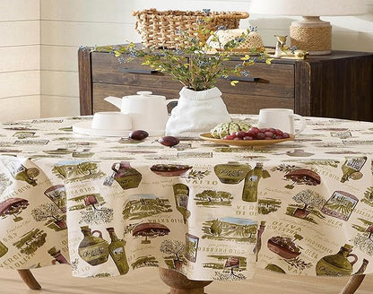 Newbridge 60 x 84 Inch Oval Vinyl Tablecloth with Flannel Backing, Lucca Olive Oil Print, Indoor Outdoor Waterproof Table Cover, Picnic, Barbeque, Patio and Kitchen Dining, Tuscan Countryside