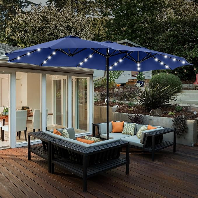 15ft Patio Umbrella with Solar lights & Base, Large Umbrellas, Haze Blue | HERA'S PALACE Rectangle Double Market Umbrella with 36 LED Lights, Big Outdoor Umbrellas for Pool Picnic Inground Yard Deck
