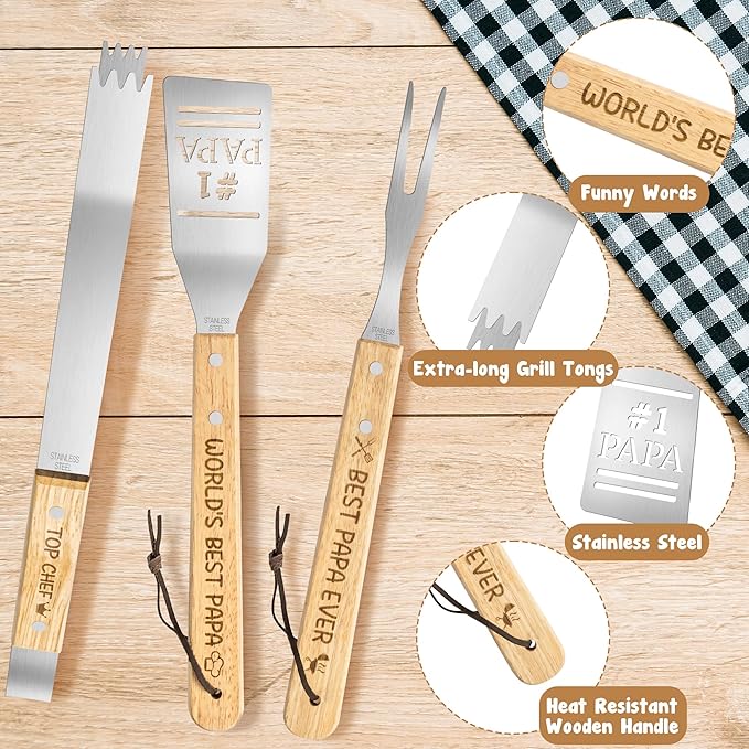 Haooryx Father BBQ Grill Tool Accessories Set - 3Pcs Best Papa Ever Stainless Steel Grilling Tong Fork Spatula Top Chef Dad Birthday Present Father Outdoor Housewarming Camping Holiday Party Supply