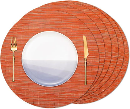 15 Inch Round Placemats Set of 6, Washable Vinyl Woven Place Mats | Heat Resistant Non-Slip Braided Table Mats for Dining Table Kitchen Indoor & Outdoor Use (Orange, Set of 6)