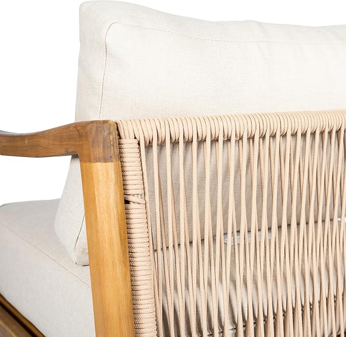 Christopher Knight Home Seward Acacia Wood Lounge Chair Outdoor with Removable Cushion, Solid Wood Patio Accent Chair with Rope Backrest, Patio Outdoor Armchair, Teak+Beige