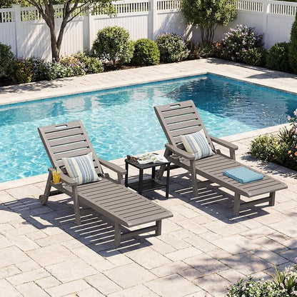 Outdoor Chaise Lounges, Patio Lounge Chair (Grey with Wheels, Set of 2) | Wood-Grain HDPE, 5-Position Recline, Lockable Wheels, Cup Holder, 450 lbs, Indoor/Outdoor